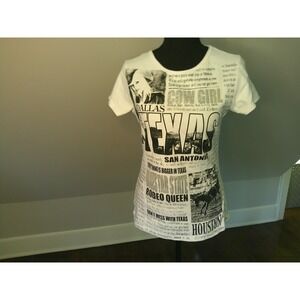 Big Bang Texas Graphic Tee Womens Med White Glitter Rodeo Queen‎ Newspaper Print